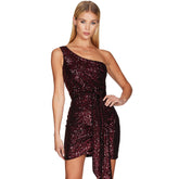 Glitzerndes, figurbetontes Club-Minikleid mit Pailletten und einer Schulter - Burgunderrot